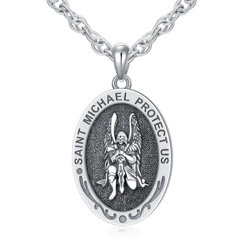 Sterling Silver Sitting Saint Michael Pendant Necklace with Engraved Word for Men