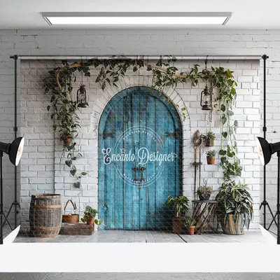 White Brick Wall Retro Wooden Door Wedding Backdrop
