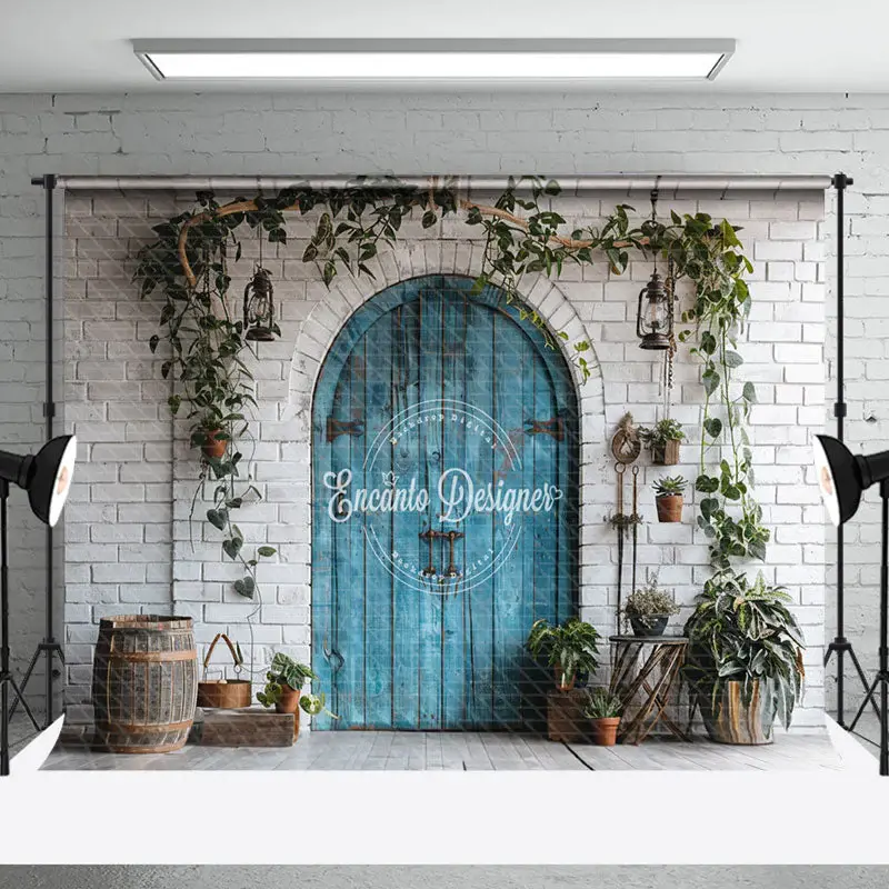 White Brick Wall Retro Wooden Door Wedding Backdrop