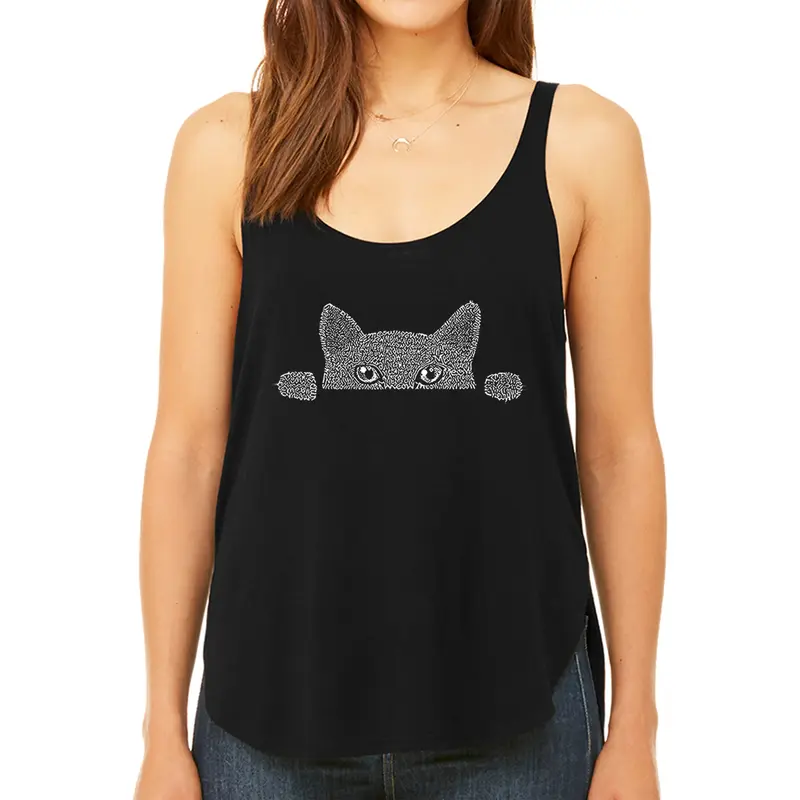 Peeking Cat - Women's Premium Word Art Flowy Tank Top - Black - Small