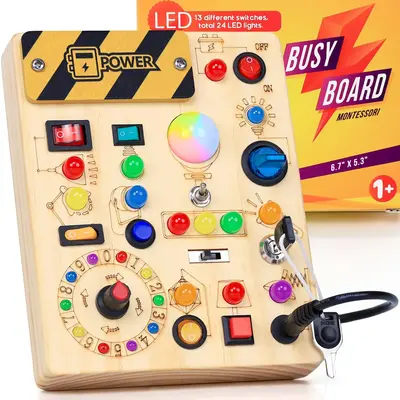 Busy board with 13 LED light switches. 3-year-old Montessori toy, wooden sensory board, children's activity toy, travel toy f...