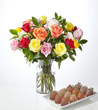 Mixed Roses and Berry Bundle - 24 Roses with Berries and Glass Vase - FedEx