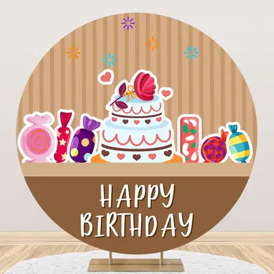 Brown Stripe Candyland Cake Round Birthday Backdrop