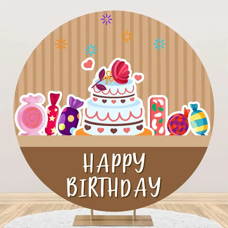 Brown Stripe Candyland Cake Round Birthday Backdrop