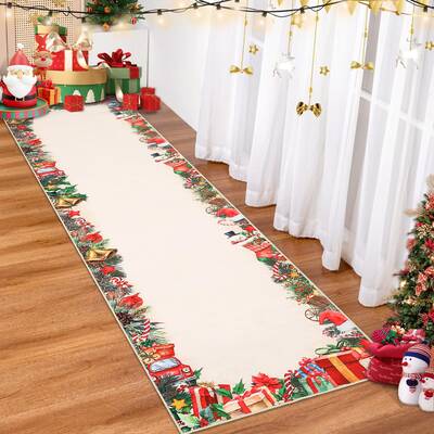Garvee Christmas Runner Rug Non-Slip Washable Low Pile Soft Floor Mat Red Festive Print 2x8 Entryway Kitchen Bedroom Holiday ...