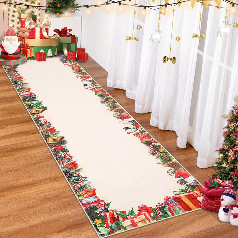 Garvee Christmas Runner Rug Non-Slip Washable Low Pile Soft Floor Mat Red Festive Print 2x8 Entryway Kitchen Bedroom Holiday ...