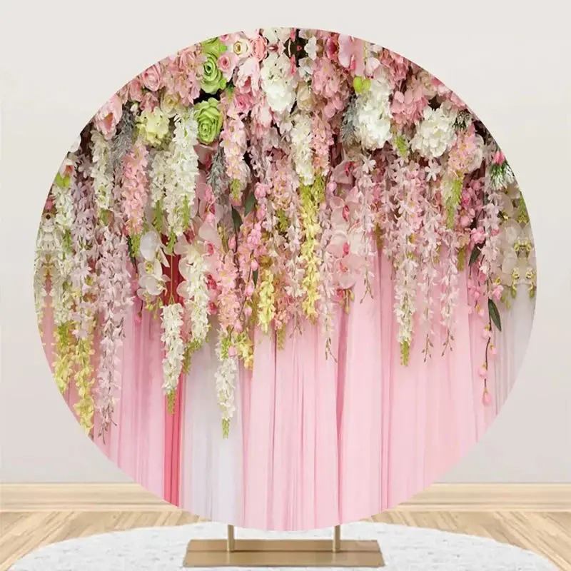 Pink Floral Curtain White Round Wedding Backdrop - Aperturee