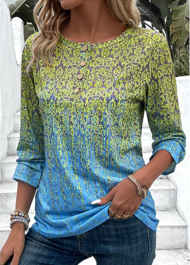Modlily Blue Button Ombre 3/4 Sleeve Round Neck T Shirt - M