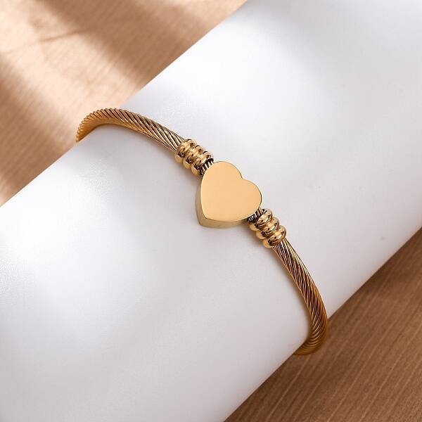 304 Stainless Steel Heart Beaded Cuff Bangle