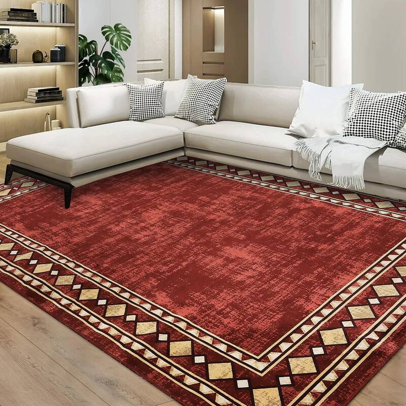 Garvee Bordered Red 5x7 Area Rug Machine Washable Rug Modern Bordered Carpet Rug Stain Resistant Non-Slip Accent Rug Minimali...