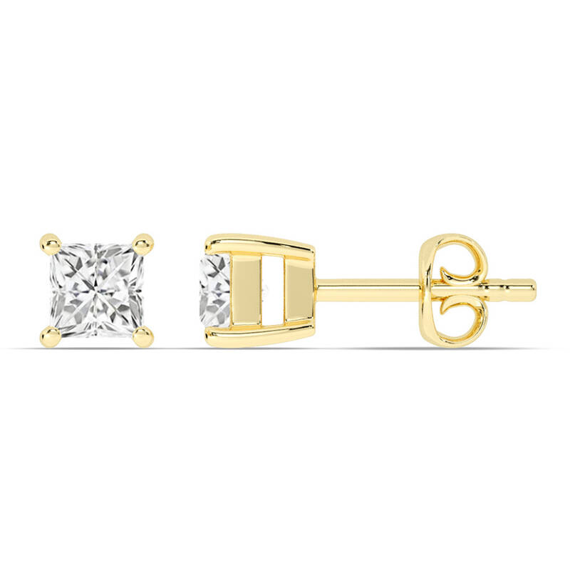 Certified Lab Grown Four Prong Princess Cut Diamond Stud Earring | 14K Yellow Gold 2 ct. tw.