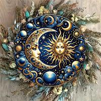Vintage Sun and Moon Metal Wall Art - 7.8inch Round Aluminum Astronomical Decoration, Featuring Golden Sun, Crescent Moon, an...