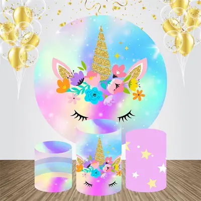 Multicolor Floral Unicorn Stars Round Backdrop Kit - Aperturee