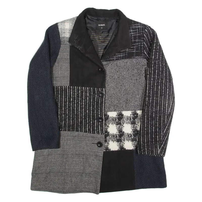 DESIGUAL Womens Overcoat Jacket Grey Patchwork L