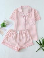 Two-Piece Set Women's Plaid Print Pajama Set, Long Sleeve Lapel Neck Button Front Shirt & Bow Decor Pants PJ Set, Women's Sl...