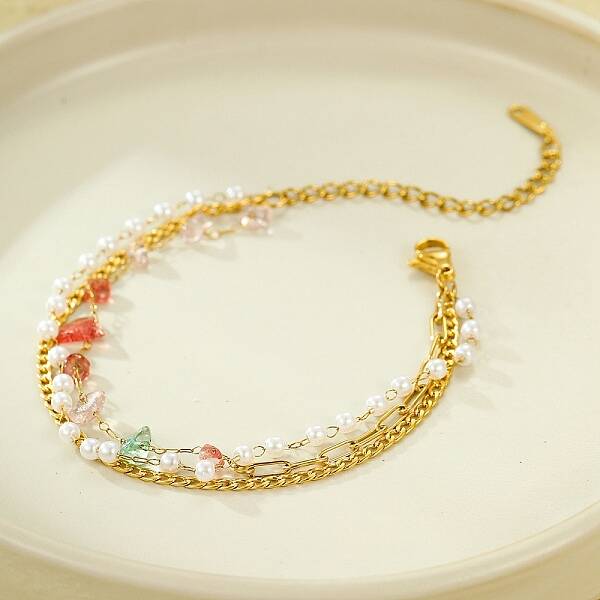 Gemstone Chip with Plastic Pearl Multi-strand Bracelets for Women