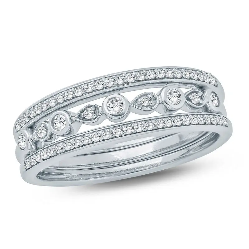 10K White Gold Round Shaped Diamond Custom Couple Stackable Ring J Color I2 Clarity 3EX IGI Certified