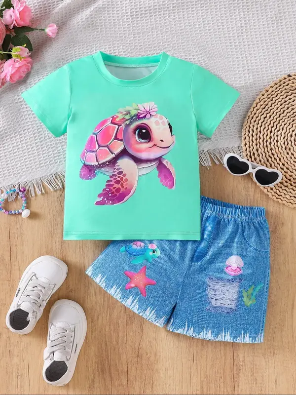 Girl's Cartoon Print Tee & Denim-effect Print Shorts Two-piece Set, Casual Round Neck Short Sleeve T-shirt & Shorts, Summer C...