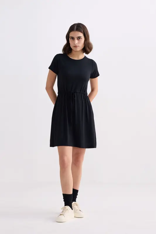 Drawstring Short T-shirt Dress in Black | Color: Black | Size: L