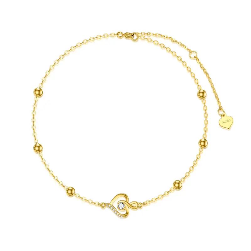 14K Gold Cubic Zirconia Bead Heart Infinity Symbol Charm Bracelet