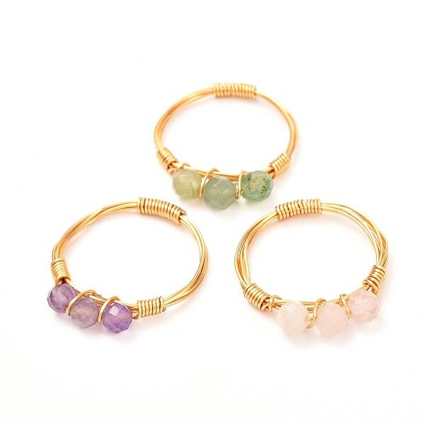 Copper Wire Wrapped Natural Gemstone Braided Bead Rings for Women
