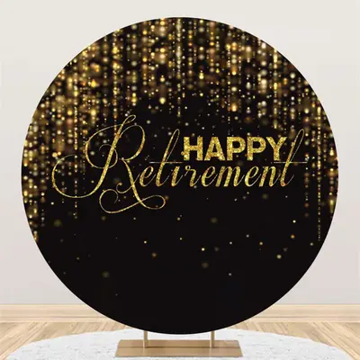 Aperturee Glitter Gold Black Happy Retirement Round Backdrop | Custom Birthday Backdrops | Birthday Party Decorations | Name ...