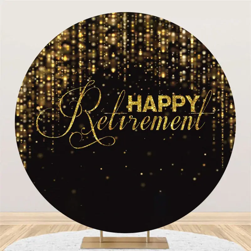 Aperturee Glitter Gold Black Happy Retirement Round Backdrop | Custom Birthday Backdrops | Birthday Party Decorations | Name ...
