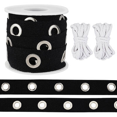5 Yards Cotton Ribbons with Platinum Tone Iron Eyelet Rings