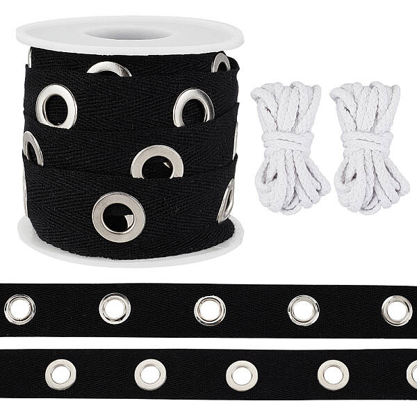 5 Yards Cotton Ribbons with Platinum Tone Iron Eyelet Rings