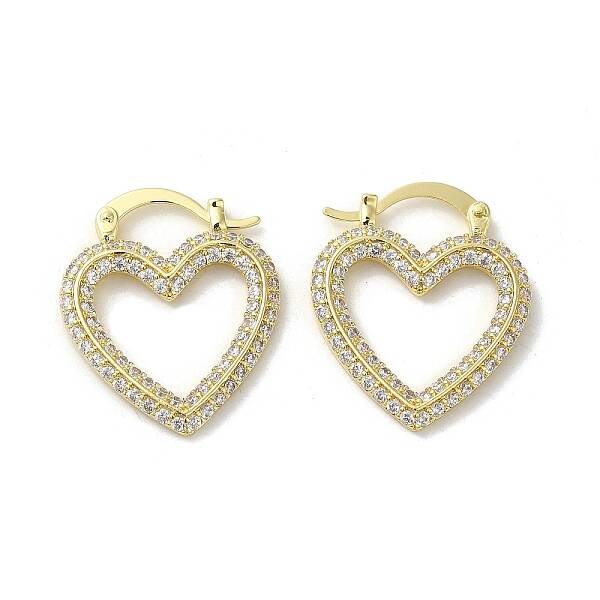Rack Plating Brass Hollow Heart Hoop Earrings with Cubic Zirconia