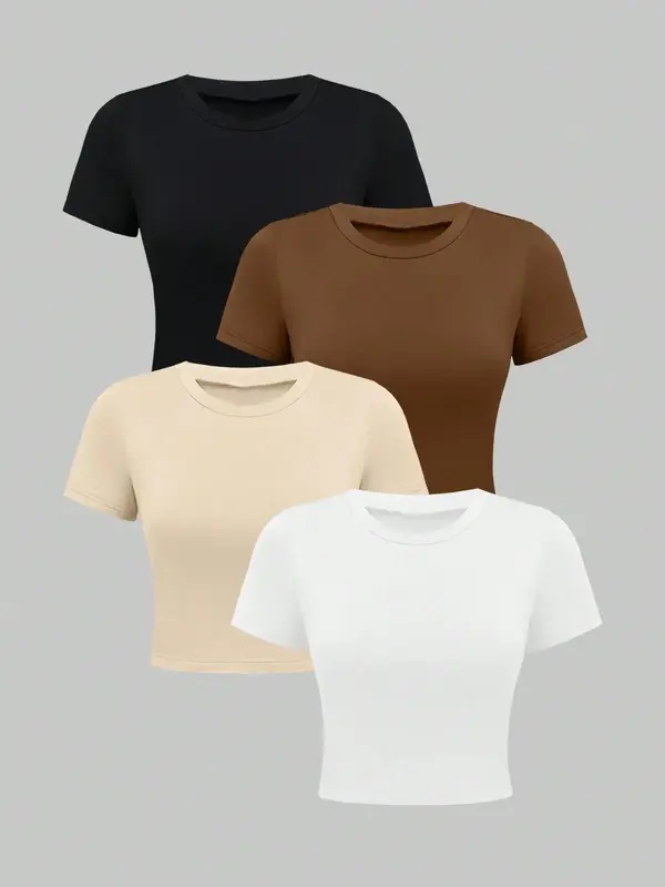 Women's Solid Round Neck Tee, Casual Short Sleeve T-shirt, Going Out Top, Summer Clothes Women, Women's Top for Daily Wear
