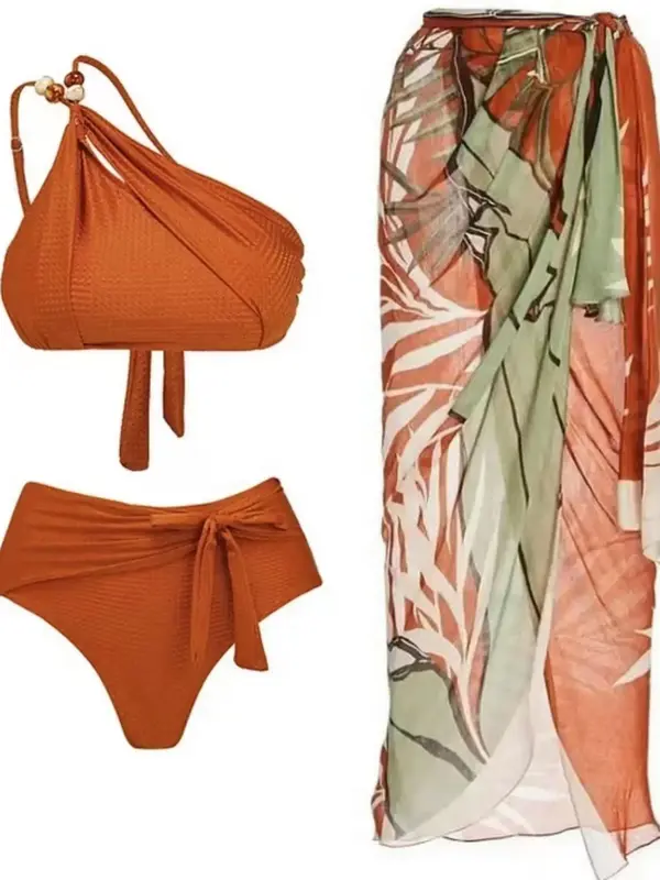 Casual One Shoulder Bikini Top & Solid Swim Bottom & Leaf Print Cover Up Skirt Set, Swimsuit for Women, Bikini Outfits