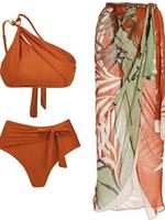 Casual One Shoulder Bikini Top & Solid Swim Bottom & Leaf Print Cover Up Skirt Set, Swimsuit for Women, Bikini Outfits