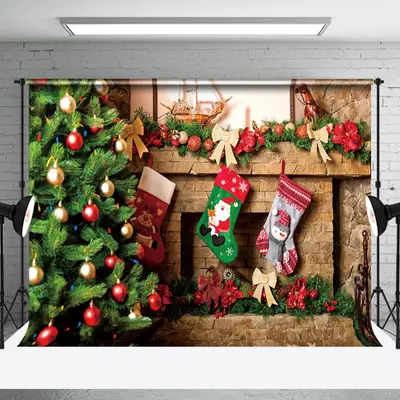 Aperturee Green Xmas Trees Fireplace Socks Christmas Backdrop