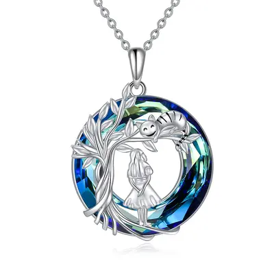 Sterling Silver Round Tree Of Life Girl & Cat Crystal Pendant Necklace