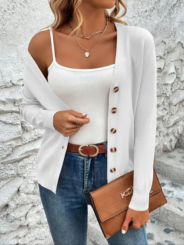 Women's Plain Button Front Cardigan, Fall Outfits, Casual Fashion Long Sleeve V Neck Cardigan for Fall, Women's Knit Clothin...