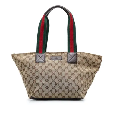 Pre-owned GUCCI canvas tote bags GG Web Tote Bag in brown with zipper and dust bag