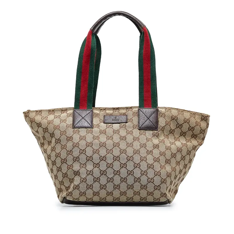 Pre-owned GUCCI canvas tote bags GG Web Tote Bag in brown with zipper and dust bag