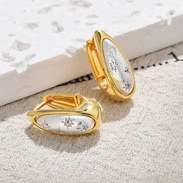 Two Tone Brass Micro Pave Clear Cubic Zirconia Hoop Earrings