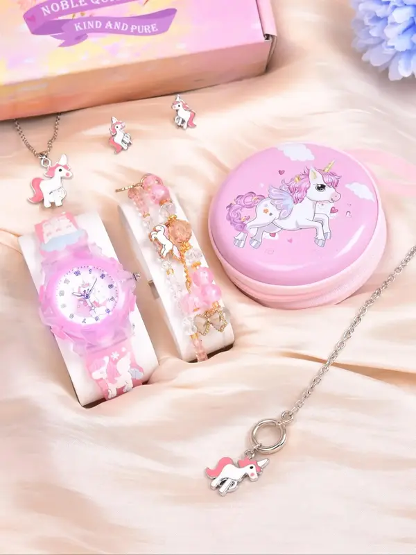 Cute Cartoon Unicorn Design Quartz Watch & Jewelry Set, Including Watch, Bracelet, Necklace, Earrings, Coin Purse, Fashionabl...