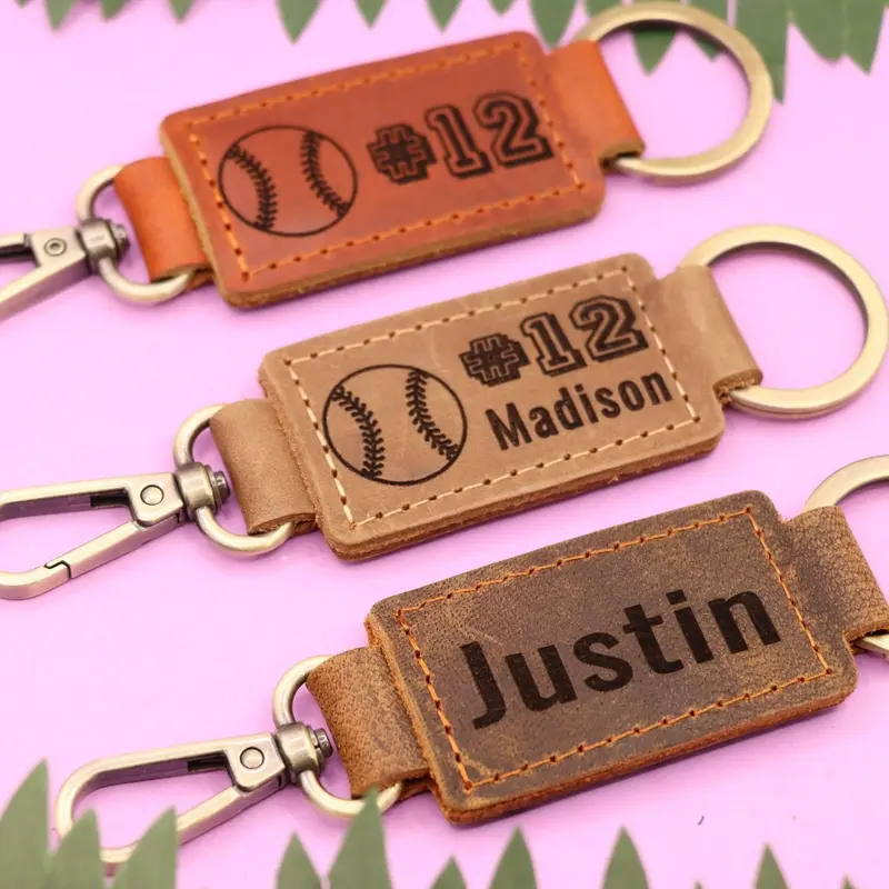 Leather Baseball Keychain with Heavy Duty Ring and Clasp , Real Leather, Same Day Shipping, Free Shipping US