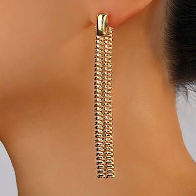 Fashionable Gold Plated Brass Snake Bone Tassel Stud Earrings for Women