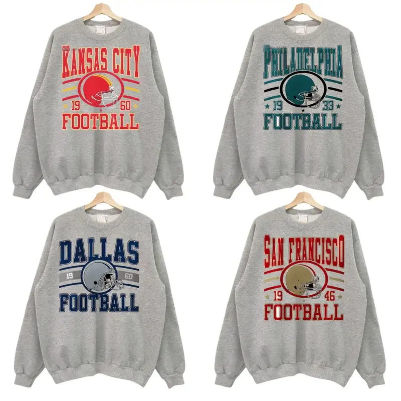 Vintage Style Crewneck Sweatshirt For All Football Teams Classic Cotton Fitted Long Sleeve Unisex Tops American Football Lett...