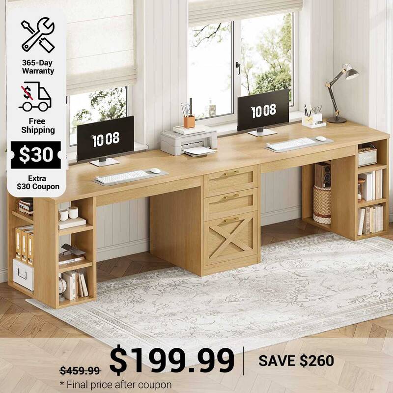 SEDETA ® 96.5 Inch Two Person Farmhouse Computer Desk with Drawers, Double Writing Gaming Desk with Storage Shelves, Home Of...