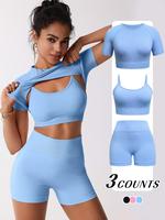 Women's Solid Seamless Tracksuit Set, High Stretch Comfortable Breathable Crop Top & Sports Bra & Skinny Shorts for Yoga Gym ...