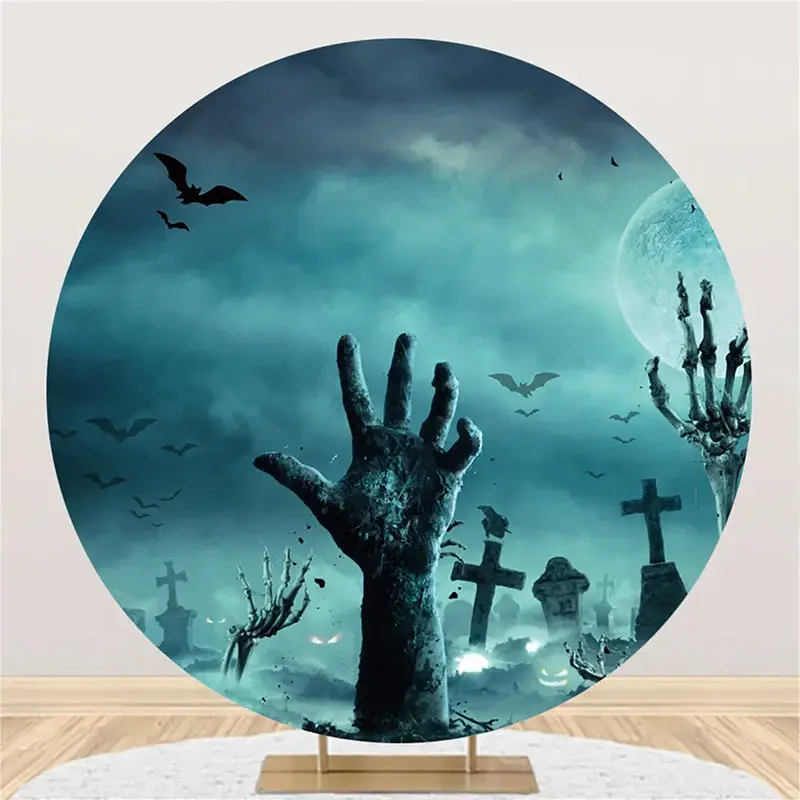 Foggy Cemetery Risen Hand Round Halloween Backdrop