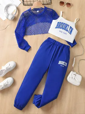 Three-Piece Set Girl's Letter Print Crop Cami Top & Hollow Out Crop Cover Up Top & Elastic Waist Pants Set, Casual Fashion Th...