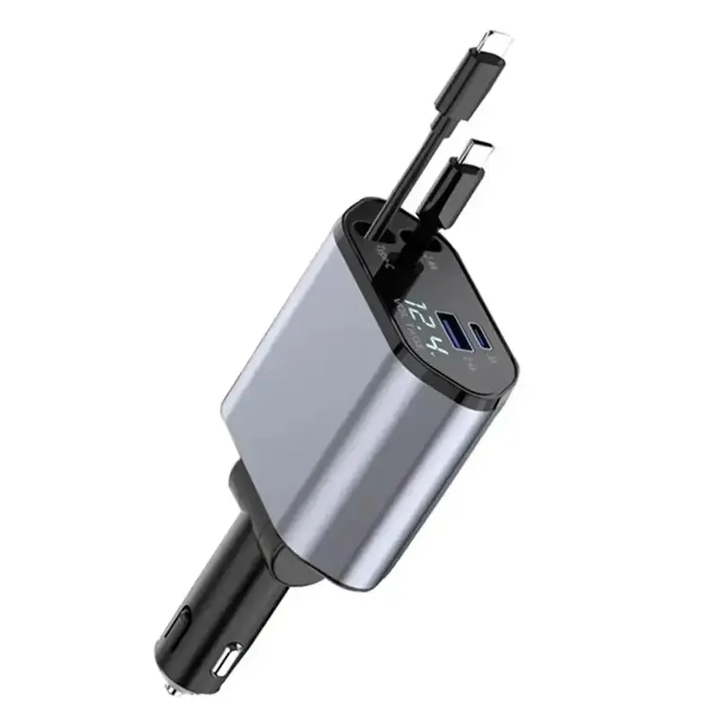 4 In 1 Car Charger, Multifunctional USB PD Car Charger with Digital Display, Car Charger with Retractable Cable