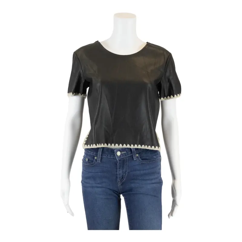 ZARA KNIT Leather Look Black Short Sleeve Top Womens S