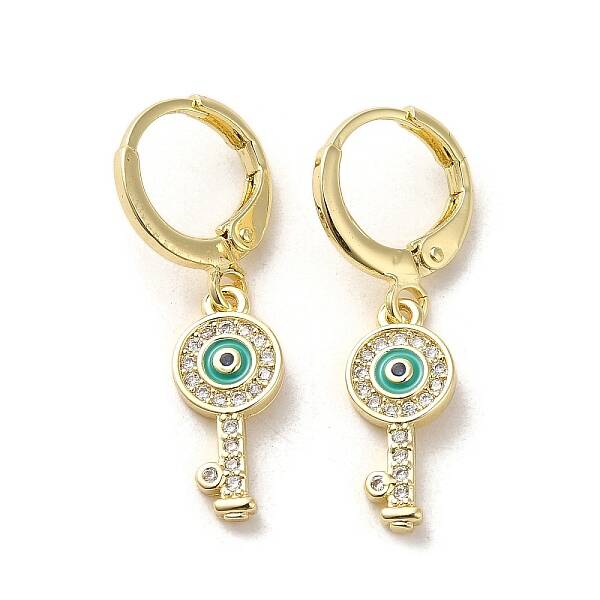 Key with Evil Eye Real 18K Gold Plated Brass Dangle Leverback Earrings